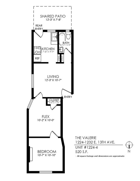 Floor plan for 1 bed, 1 bath, 625 sqft